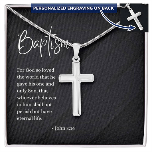 Engraved Cross Necklace | Baptism | John 3:16 | Black